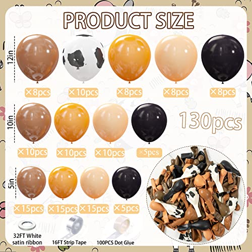 130pcs Party Cow Balloons Garland Arch Kit - Mixed Brown Black Cow Print Balloons for Western Cowboy Cowgirl Themed Party Baby Shower Farm Birthday Party Decoration Supplies