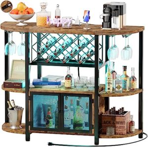 unikito freestanding wine bar cabinet with led lights and power outlets, industrial coffee for liquor glasses, mesh door, table rack, rustic brown