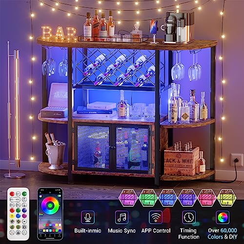 Unikito Freestanding Wine Bar Cabinet with LED Lights and Power Outlets, Industrial Coffee for Liquor Glasses, Mesh Door, Table Rack, Rustic Brown