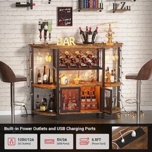 Unikito Freestanding Wine Bar Cabinet with LED Lights and Power Outlets, Industrial Coffee for Liquor Glasses, Mesh Door, Table Rack, Rustic Brown