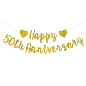talorine happy 50th anniversary banner, 50th wedding anniversary, 50th birthday, 50 years loved party decorations (gold glitter)