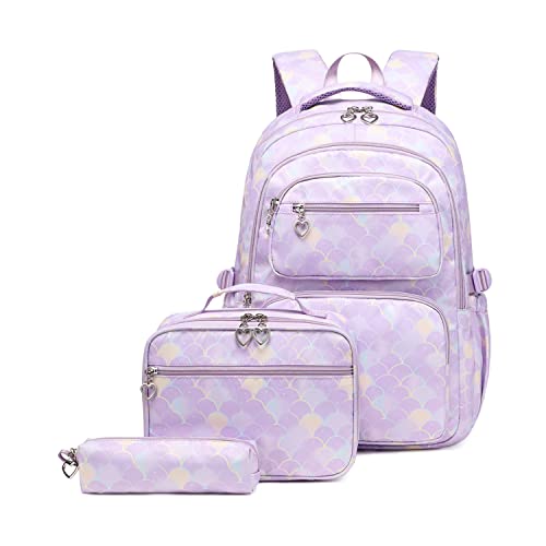 3Pcs Gradient Girls Backpacks Bookbags Set for School with Matching Insulated Lunchbox and Pencil Case