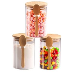 set of 3 airtight glass jars with bamboo lids and spoons - 20oz decorative and durable borosilicate glass canisters perfect for storing coffee beans,tea,flour,sugar,nuts,candy,bath salts and more