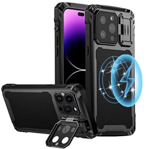 for iphone 14 pro case metal,with magsafe [10ft military-grade protection][built-in camera ring stand] [built-in 9h glass camera lens & screen protection] protective rugged heavy duty case (black)