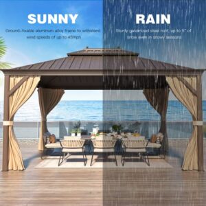 YOLENY 10'x12' Hardtop Gazebo with Double Galvanized Steel Roof, Pergolas Aluminum Frame, Curtains and Netting Included, Metal Outdoor Gazebos for Patios, Garden, Lawns, Parties