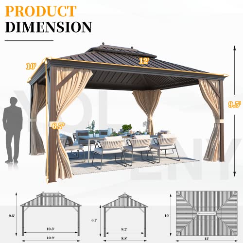YOLENY 10'x12' Hardtop Gazebo with Double Galvanized Steel Roof, Pergolas Aluminum Frame, Curtains and Netting Included, Metal Outdoor Gazebos for Patios, Garden, Lawns, Parties