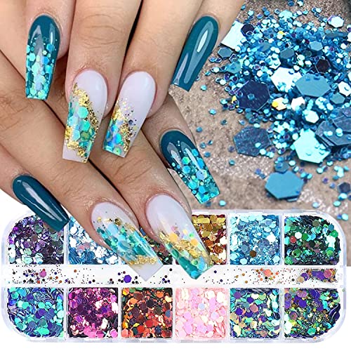 12 Grids Chameleon Nail Art Sequins Polygon Holographic Nail Supplies Bright Moving Nail Glitter Pattern Mermaid Nail Glitters Flakes Design 3D DIY Acrylic Nails for Women Manicure Powder Decorations