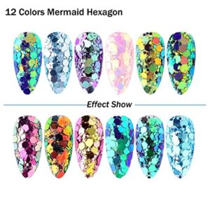 12 Grids Chameleon Nail Art Sequins Polygon Holographic Nail Supplies Bright Moving Nail Glitter Pattern Mermaid Nail Glitters Flakes Design 3D DIY Acrylic Nails for Women Manicure Powder Decorations