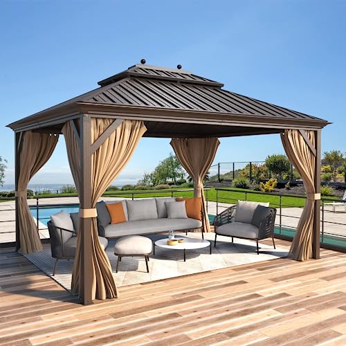 MELLCOM 12' x 14' Hardtop Gazebo, Brown Permanent Pavilion Gazebo with Curtains and Netting, Galvanized Steel Metal Double Roof Aluminum Gazebo with Aluminum Frame for Patio, Lawn & Garden