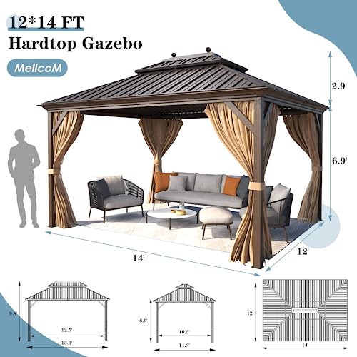 MELLCOM 12' x 14' Hardtop Gazebo, Brown Permanent Pavilion Gazebo with Curtains and Netting, Galvanized Steel Metal Double Roof Aluminum Gazebo with Aluminum Frame for Patio, Lawn & Garden