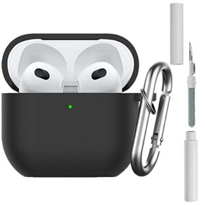 geeice airpods 3rd generation case with cleaner kit, 2 in 1 soft silicone 2021 airpods 3 full protective cases cover with cleaning pen and keychain for women men front led visible, black