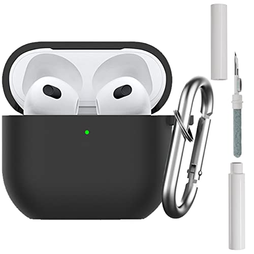 Geeice Airpods 3rd Generation Case with Cleaner kit, 2 in 1 Soft Silicone 2021 AirPods 3 Full Protective Cases Cover with Cleaning Pen and Keychain for Women Men Front LED Visible, Black