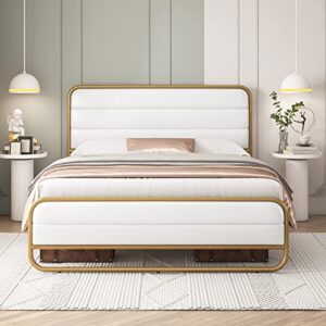 hithos full size platform bed frame with headboard and footboard, pu leather upholstered bed frame with 10" under-bed storage and wooden slats, easy assembly, no box spring needed (white, full)
