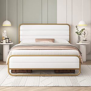 HITHOS Full Size Platform Bed Frame with Headboard and Footboard, PU Leather Upholstered Bed Frame with 10" Under-Bed Storage and Wooden Slats, Easy Assembly, No Box Spring Needed (White, Full)