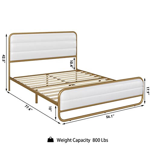 HITHOS Full Size Platform Bed Frame with Headboard and Footboard, PU Leather Upholstered Bed Frame with 10" Under-Bed Storage and Wooden Slats, Easy Assembly, No Box Spring Needed (White, Full)