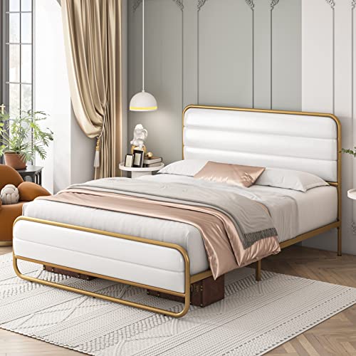 HITHOS Full Size Platform Bed Frame with Headboard and Footboard, PU Leather Upholstered Bed Frame with 10" Under-Bed Storage and Wooden Slats, Easy Assembly, No Box Spring Needed (White, Full)