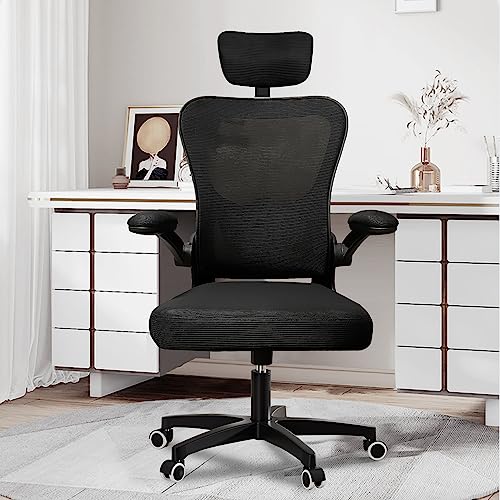 SenceHome Office Chairs, Ergonomic Office Chair, High Back Desk Chair with Adjustable Headrests, Lumbar Support and Flip-up Armrests, Breathable Mesh Computer Chair for Home Office (Black)