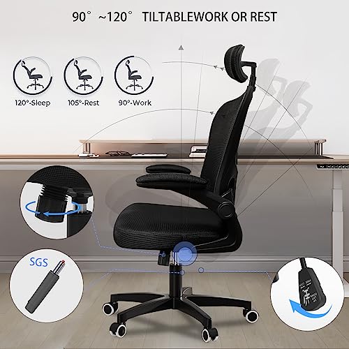 SenceHome Office Chairs, Ergonomic Office Chair, High Back Desk Chair with Adjustable Headrests, Lumbar Support and Flip-up Armrests, Breathable Mesh Computer Chair for Home Office (Black)