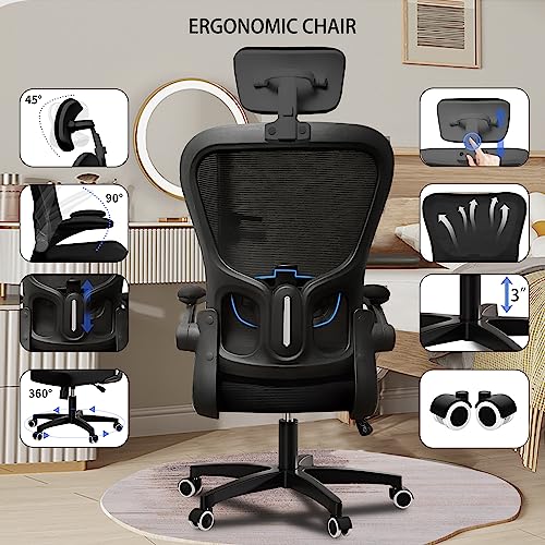 SenceHome Office Chairs, Ergonomic Office Chair, High Back Desk Chair with Adjustable Headrests, Lumbar Support and Flip-up Armrests, Breathable Mesh Computer Chair for Home Office (Black)