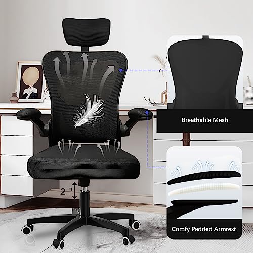 SenceHome Office Chairs, Ergonomic Office Chair, High Back Desk Chair with Adjustable Headrests, Lumbar Support and Flip-up Armrests, Breathable Mesh Computer Chair for Home Office (Black)