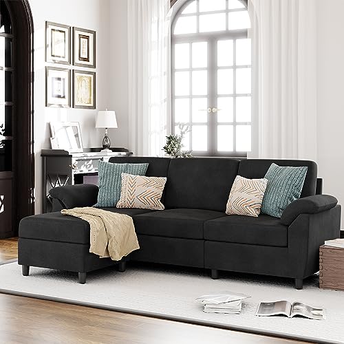 Vongrasig 79" Convertible Sectional Sofa Couch, 3 Seat L Shaped Sofa with Removable Pillows Linen Fabric Small Couch Mid Century for Living Room, Apartment and Office (Black)