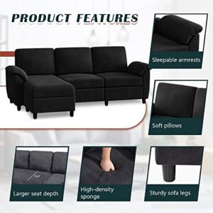 Vongrasig 79" Convertible Sectional Sofa Couch, 3 Seat L Shaped Sofa with Removable Pillows Linen Fabric Small Couch Mid Century for Living Room, Apartment and Office (Black)