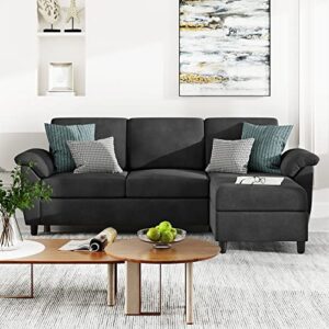 Vongrasig 79" Convertible Sectional Sofa Couch, 3 Seat L Shaped Sofa with Removable Pillows Linen Fabric Small Couch Mid Century for Living Room, Apartment and Office (Black)