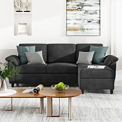 Vongrasig 79" Convertible Sectional Sofa Couch, 3 Seat L Shaped Sofa with Removable Pillows Linen Fabric Small Couch Mid Century for Living Room, Apartment and Office (Black)