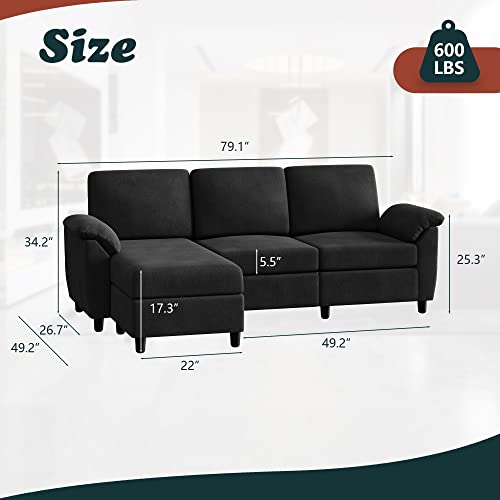 Vongrasig 79" Convertible Sectional Sofa Couch, 3 Seat L Shaped Sofa with Removable Pillows Linen Fabric Small Couch Mid Century for Living Room, Apartment and Office (Black)