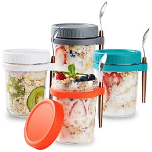 kabbas 4 pack overnight oats containers with lids and spoon, 12 oz reusable wide mouth mason jars for cereal, yogurt, fruit salad, leak proof storage container - meal prep container