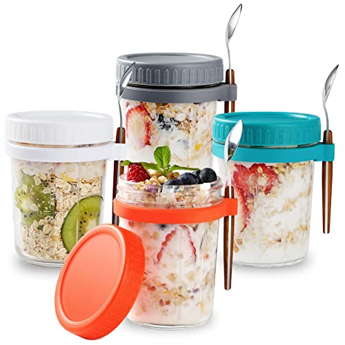 Kabbas 4 Pack Overnight Oats Containers with Lids and Spoon, 12 Oz Reusable Wide Mouth Mason Jars for Cereal, Yogurt, Fruit Salad, Leak Proof Storage Container - Meal Prep Container