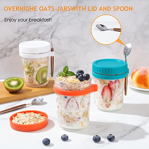 Kabbas 4 Pack Overnight Oats Containers with Lids and Spoon, 12 Oz Reusable Wide Mouth Mason Jars for Cereal, Yogurt, Fruit Salad, Leak Proof Storage Container - Meal Prep Container