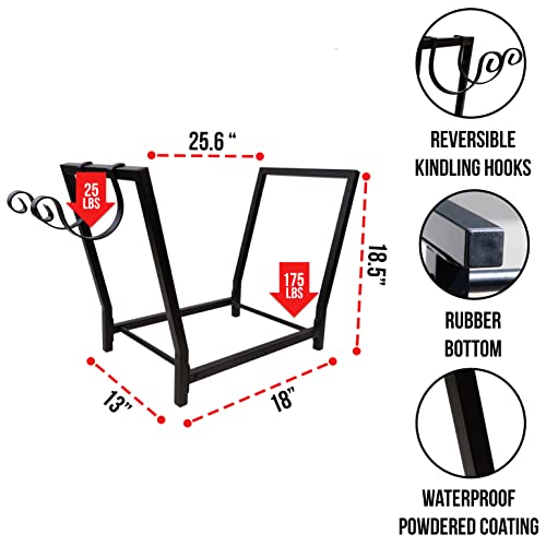 FireProof Pros Firewood Rack Outdoor and Indoor Firewood Storage with Kindling Wood Hooks. 25.6in Double Coated Fire Wood Rack. Waterproof Rustproof Stable Log Holder and Fireplace Decor Organizer