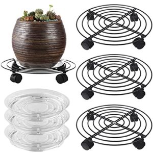 3 packs large metal plant caddy 13” plant dolly with wheels heavy-duty wrought iron rolling plant stand with casters for indoor and outdoor plant pot rollers black, plastic saucers included