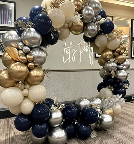 Navy Blue Balloon Garland Arch Kit,160pcs Royal Dark Blue White Sand and Chrome Gold Silvery Latex Balloons for Birthday Wedding Baby Shower Party Decorations