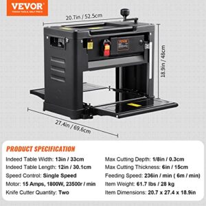 VEVOR Thickness Planer, Two-Blade, 13" Width Worktable Benchtop Planer, 15-Amp 1800W Powerful Motor, 12" Extended Infeeding Table, Low Noise for both hard & soft wood material removal