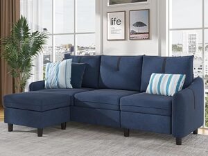 pingliang home 80" sectional sofas for living room, 3 seat l shaped couch with reversible ottoman, modern linen fabric small sectional couch for apartment small space, navy blue
