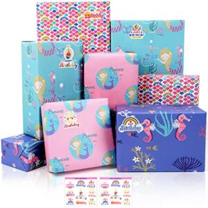 mamunu gift wrapping paper set girls, 8 sheets mermaid wrapping paper with stickers, colorful pink kraft wrapping paper for girls women kids birthday baby shower holiday party, 20x27 inch per sheet
