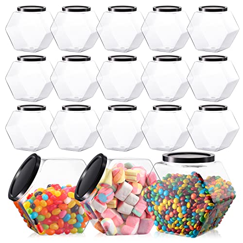 Bokon 18 Pcs Hexagon Shaped Jars with Lids Plastic Cookie Container 30oz Clear Wide Mouth Candy Storage Jar for Cookies, Candy, Snacks, Paper Stars, Detergent Pods, Gifts and Storage