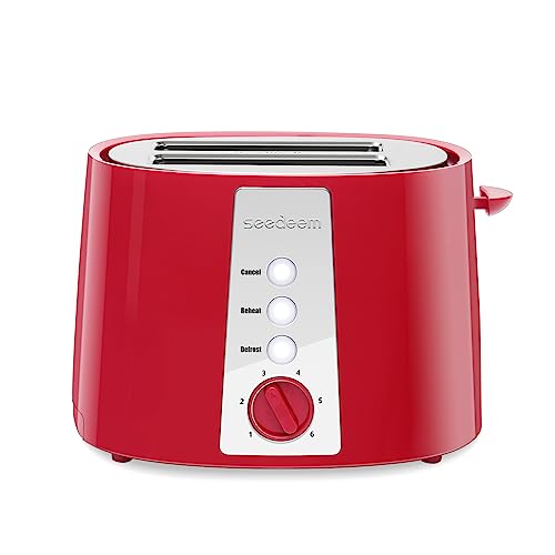 SEEDEEM Toaster 2 Slice, Extra Wide Slot Toaster, 6 Shade Settings, Bread Toaster with Cancel, Defrost, Reheat Function, Extra Wide Slots for Waffle or Bagel, Removable Crumb Tray, 750W, Retro Red