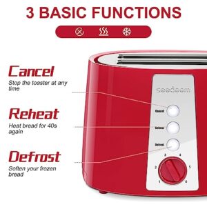 SEEDEEM Toaster 2 Slice, Extra Wide Slot Toaster, 6 Shade Settings, Bread Toaster with Cancel, Defrost, Reheat Function, Extra Wide Slots for Waffle or Bagel, Removable Crumb Tray, 750W, Retro Red