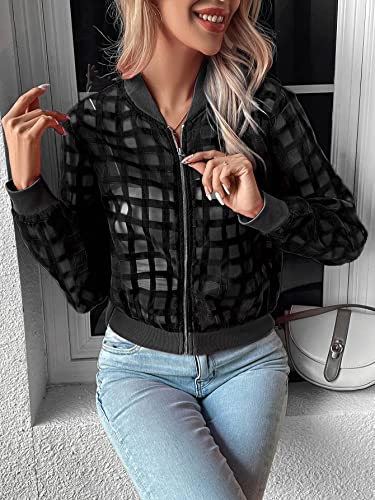 Floerns Women's Hollow Out Long Sleeve Baseball Collar Zip Up Bomber Jacket Black Plaid L