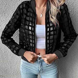 Floerns Women's Hollow Out Long Sleeve Baseball Collar Zip Up Bomber Jacket Black Plaid L