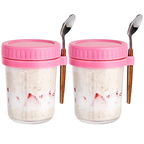 HAPTIME Overnight Oats Containers with Lid and Spoon Set of 2, 16 Oz Overnight Oats Jars, Oatmeal Cup, Wide Mouth Mason Jar, Leak-Proof Storage Container for Cereal, Milk, Salad, Fruit