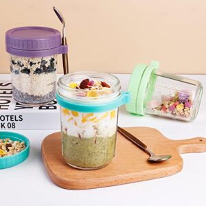 HAPTIME Overnight Oats Containers with Lid and Spoon Set of 2, 16 Oz Overnight Oats Jars, Oatmeal Cup, Wide Mouth Mason Jar, Leak-Proof Storage Container for Cereal, Milk, Salad, Fruit