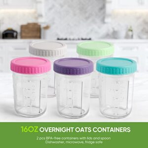 HAPTIME Overnight Oats Containers with Lid and Spoon Set of 2, 16 Oz Overnight Oats Jars, Oatmeal Cup, Wide Mouth Mason Jar, Leak-Proof Storage Container for Cereal, Milk, Salad, Fruit