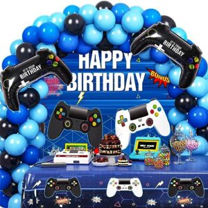 rubfac 69pcs video game birthday party decorations set gaming happy birthday supplies includes happy birthday banner backdrop, table covers, balloons and foil gamer balloons for birthday party