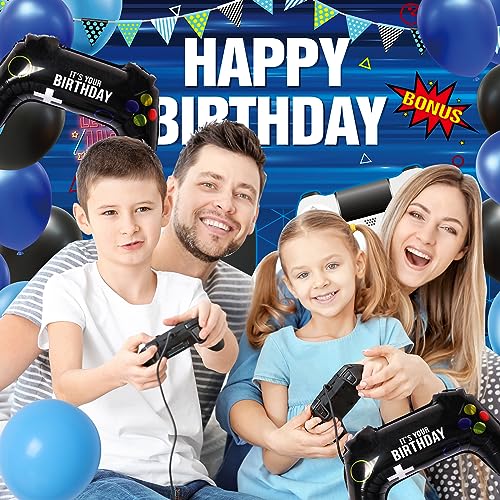 RUBFAC 69pcs Video Game Birthday Party Decorations Set Gaming Happy Birthday Supplies Includes Happy Birthday Banner Backdrop, Table Covers, Balloons and Foil Gamer Balloons for Birthday Party