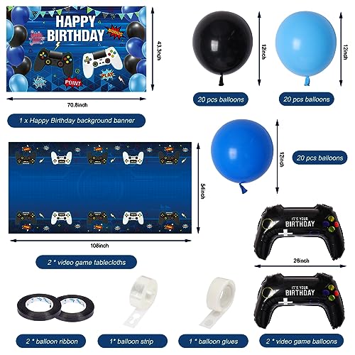 RUBFAC 69pcs Video Game Birthday Party Decorations Set Gaming Happy Birthday Supplies Includes Happy Birthday Banner Backdrop, Table Covers, Balloons and Foil Gamer Balloons for Birthday Party