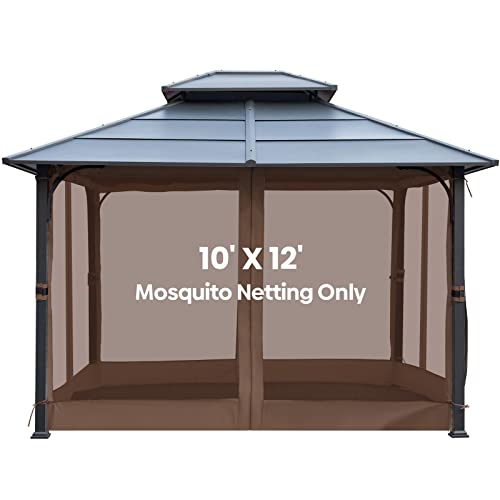 Akeacubo Patio Mosquito Netting for Gazebo 10'x12' - Outdoor Patio Netting Screen for Porch, Universal Replacement Mosquito Curtains with Zipper, Durable 4-Panel Mosquito Screen for Patio (Brown)